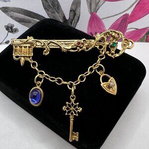 Art Nouveau Key Brooch with Chatelaine Chain